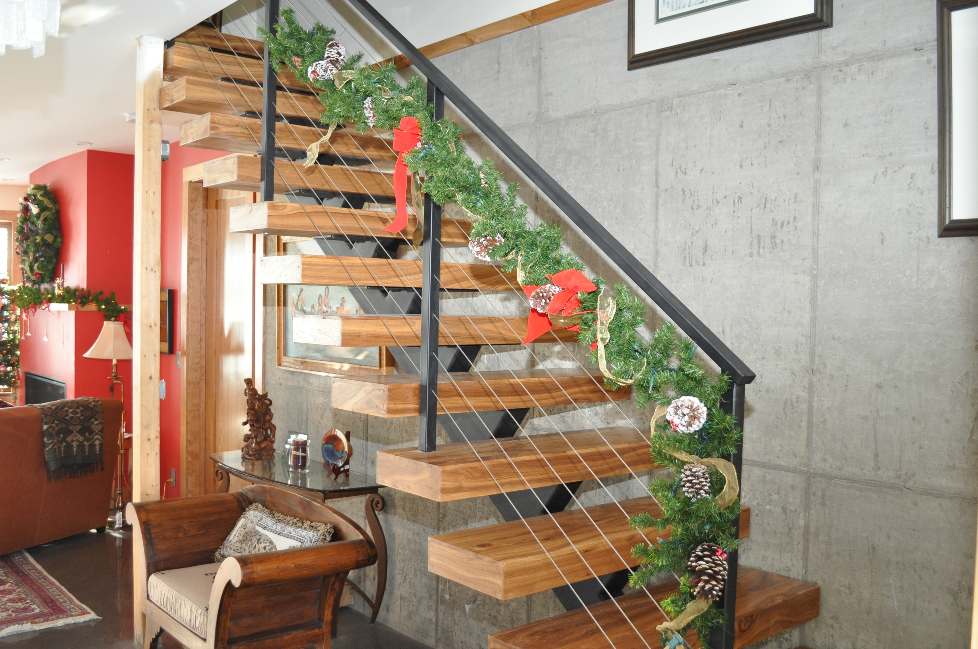 Chinese Elm floating single-stringer stairs