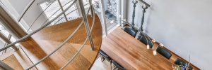 Spiral staircase in modern house. high quality photo. spiral wooden staircase in modern house