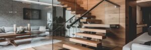 modern floating staircase with wood treads