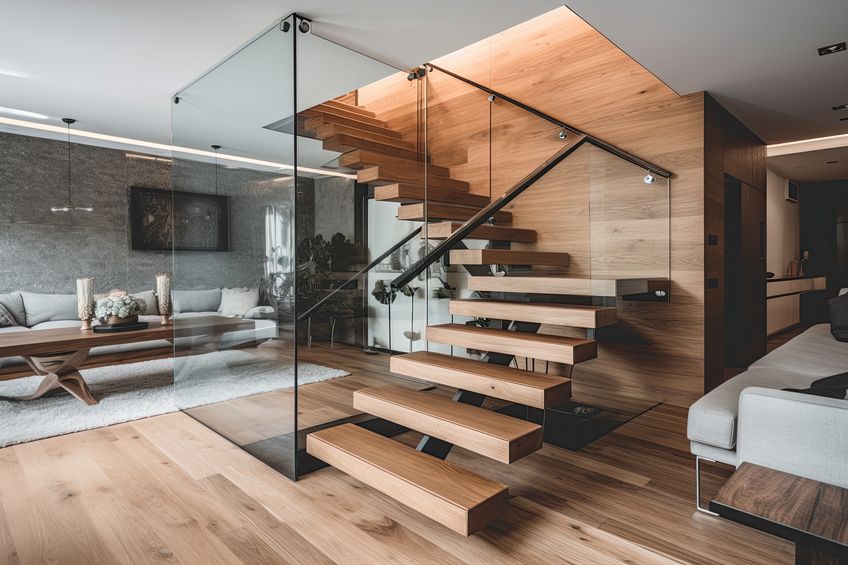 modern floating staircase with wood treads