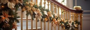 staircase gold holly illustration railing festive, inviting home, leaves branches staircase gold holly