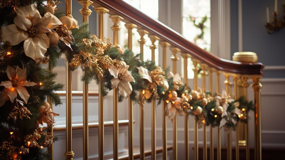 staircase gold holly illustration railing festive, inviting home, leaves branches staircase gold holly