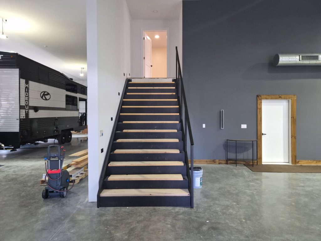 straight double stringer stairs with rail