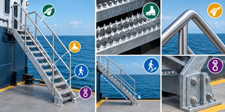 Marine safety stairs with anti-slip treads, handrails, and secure bolted brackets.